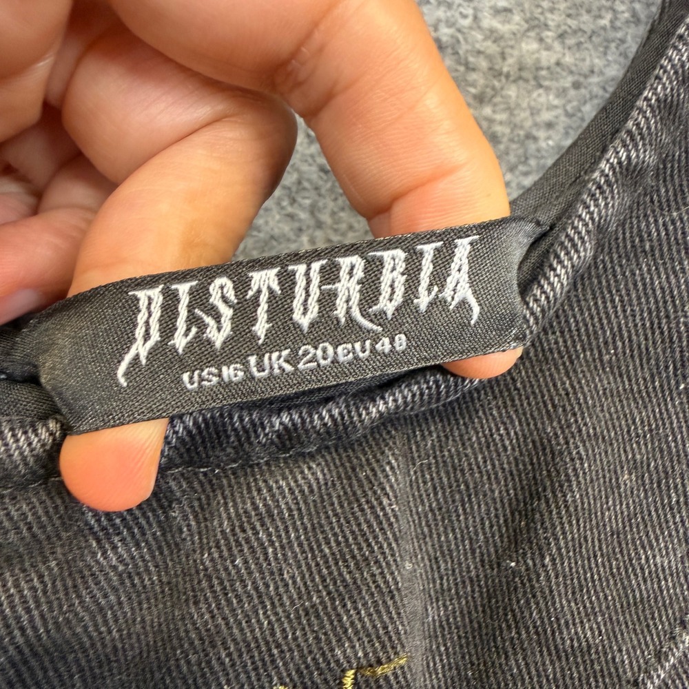 Disturbia Sz 16 Midi Pinafore Dress Black Cotton Blend Osmunda Fern Embroidered - Picture 6 of 12